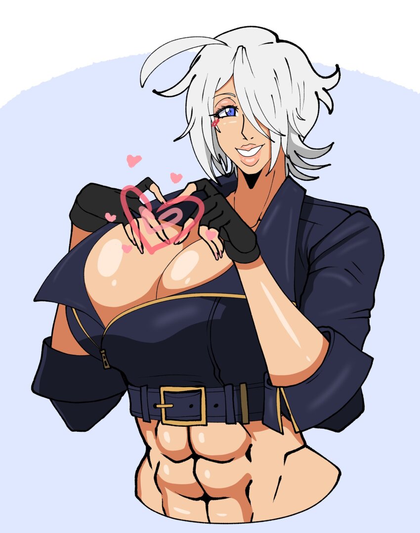 1girl abs angel_(kof) blue_eyes breasts cleavage female_focus fingerless_gloves gattai gloves heart heart_hands highres huge_breasts jacket leather leather_gloves leather_jacket looking_at_viewer muscular muscular_female one_eye_covered pale_skin seductive_smile shingattai shiny_skin short_hair smile smiley_face standing the_king_of_fighters thick_lips toned toned_female white_hair