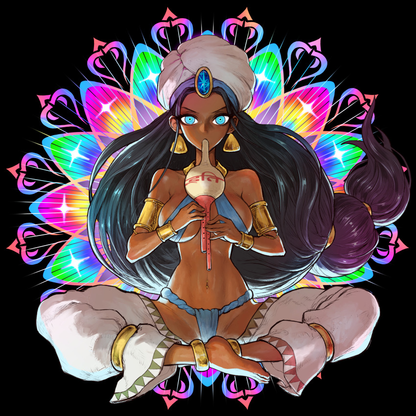 1girl absurdres anklet arabian_clothes armlet barefoot black_hair blue_eyes blue_fundoshi border bracelet breasts cleavage commentary dark-skinned_female dark_skin dattosan earrings english_commentary fingernails fundoshi gem gold highres instrument japanese_clothes jewelry large_breasts long_hair low-tied_long_hair music navel_piercing original outside_border parted_lips piercing playing_instrument ponytail revealing_clothes ringed_eyes solo turban very_long_hair white_turban