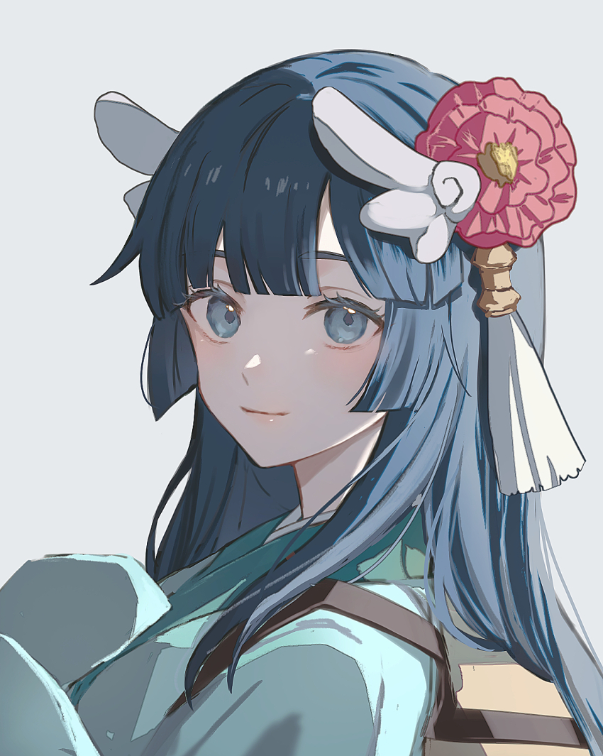 1girl blue_eyes blue_hair blue_kimono blunt_bangs closed_mouth commentary_request flower grey_background hair_flower hair_ornament head_wings highres japanese_clothes kimono long_hair looking_at_viewer red_flower rune_factory rune_factory_2 rurui_(jac7860) sidelocks simple_background smile solo tassel upper_body wings yue_(rune_factory)