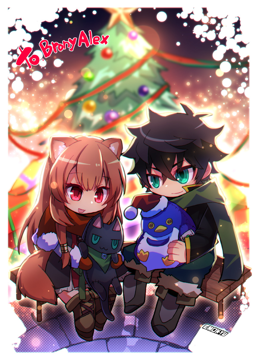 1boy 1girl :d absurdres adapted_costume animal_ear_fluff animal_ears artist_name bird black_dress black_hair black_shirt boots border brown_boots brown_hair cape cat christmas christmas_tree closed_mouth commentary commission commissioner_name double-parted_bangs dress emon-yu english_commentary eyelashes full_body fur-trimmed_boots fur-trimmed_gloves fur_trim gift gloves gold_trim green_cape green_eyes green_pants high_collar highres holding holding_stuffed_toy iwatani_naofumi layered_dress long_sleeves looking_at_object messy_hair night on_bench open_mouth orange_gloves orange_scarf outdoors pants penguin raccoon_ears raccoon_girl raccoon_tail raphtalia red_dress red_eyes scarf second-party_source shirt short_dress short_hair signature sitting skeb_commission smile stuffed_animal stuffed_cat stuffed_penguin stuffed_toy tail tate_no_yuusha_no_nariagari thigh_boots two-tone_dress white_border white_dress