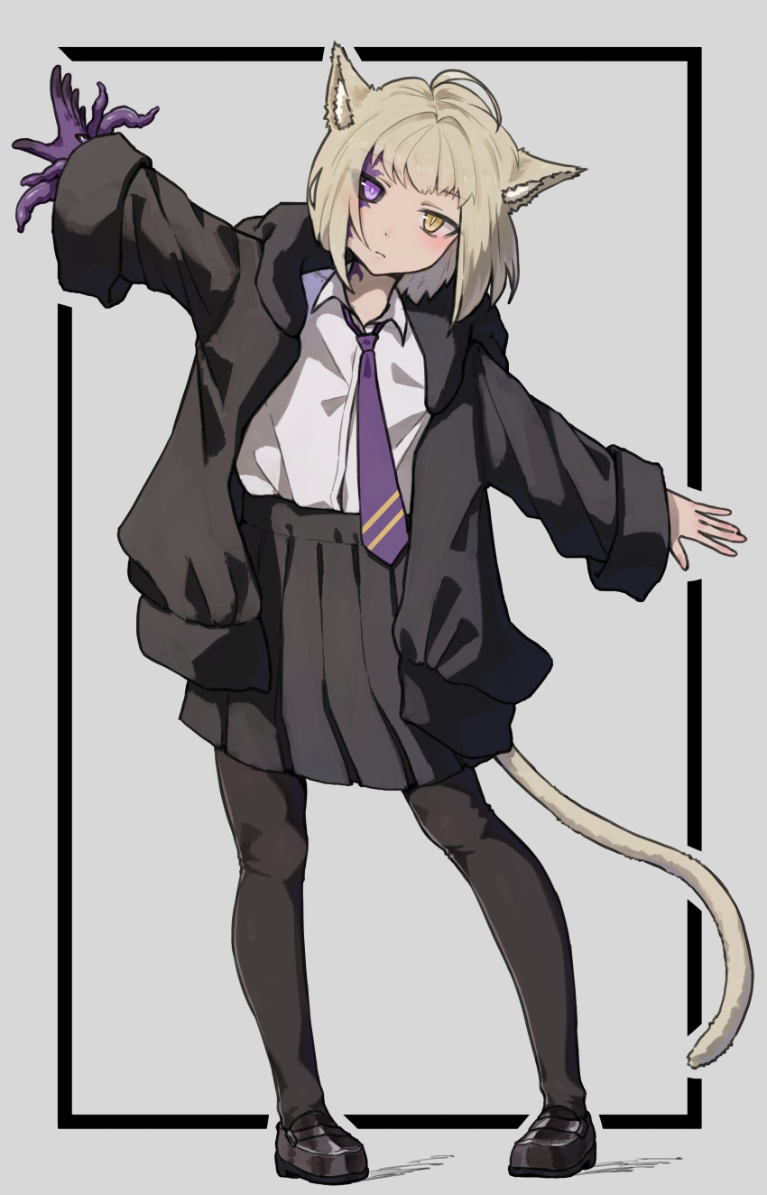 1girl absurdres ahoge animal_ear_fluff animal_ears asymmetrical_arms black_jacket black_pantyhose black_sclera black_skirt blonde_hair colored_sclera full_body grey_background heterochromia highres jacket loafers mismatched_sclera monster_girl necktie original outstretched_arms pantyhose purple_eyes purple_necktie shirt shoes skirt solo spread_arms tail tentacles white_shirt yellow_eyes yuritopia