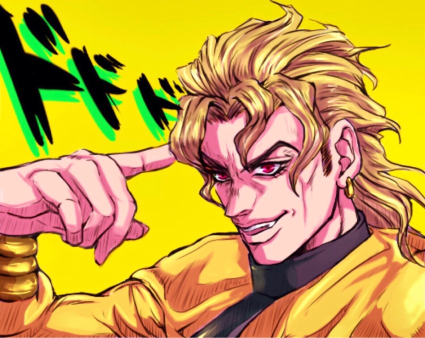 1boy blonde_hair bracelet dio_brando dodododo earrings eyelashes fangs highres jacket jewelry jojo_no_kimyou_na_bouken male_focus official_style pointing pointing_at_self red_eyes ruushii_(lucy_steel6969) solo sound_effects stardust_crusaders turtleneck vampire yellow_background yellow_jacket