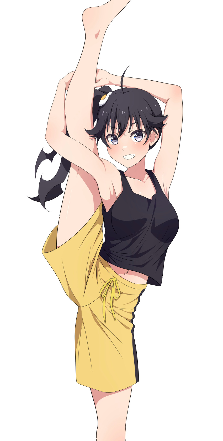 1girl absurdres ahoge araragi_karen armpits black_hair black_tank_top commentary_request egg_hair_ornament food-themed_hair_ornament grey_eyes hair_ornament highres holding_own_leg leg_lift leg_up long_hair looking_at_viewer monogatari_(series) na-suke navel nisemonogatari shorts side_ponytail simple_background smile solo split standing standing_on_one_leg standing_split tank_top teeth white_background yellow_shorts