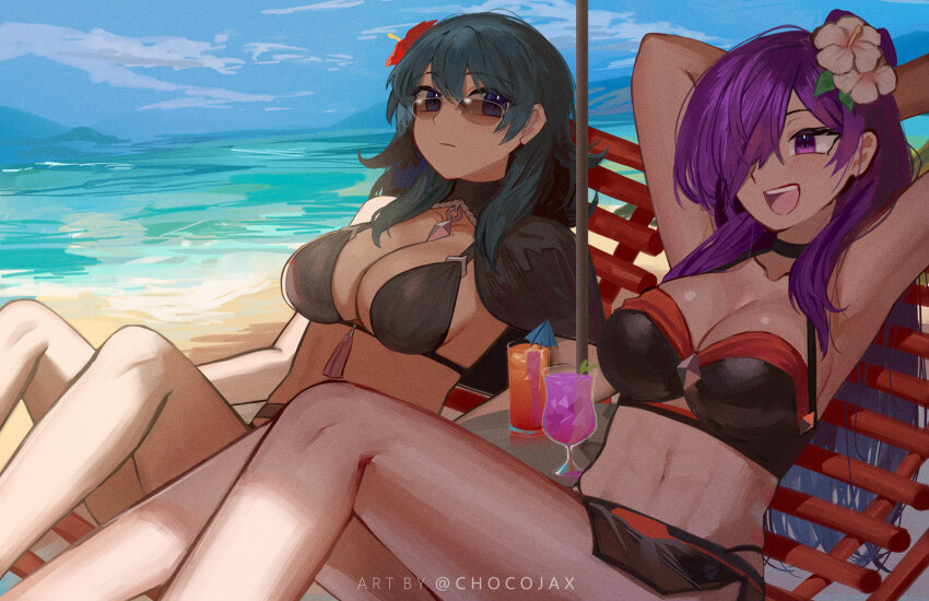 2girls :d armpits arms_up artist_name bare_shoulders bikini black_bikini blue_sky breasts chocojax cleavage cloud day female_byleth_(fire_emblem) female_byleth_(summer)_(fire_emblem) female_shez_(fire_emblem) female_shez_(summer)_(fire_emblem) fire_emblem fire_emblem:_three_houses fire_emblem_heroes fire_emblem_warriors:_three_hopes flower hair_flower hair_ornament highres large_breasts multiple_girls navel nintendo ocean official_alternate_costume open_mouth purple_hair red_flower sky smile stomach sunglasses swimsuit thighs watermark white_flower