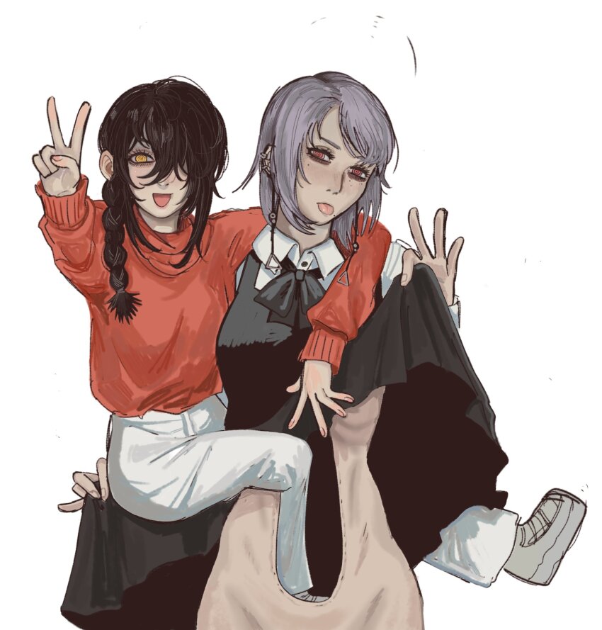 2girls black_dress black_hair braid braided_ponytail chainsaw_man clothes_lift collared_shirt death_devil_(chainsaw_man) deep_wound dress dress_lift earrings fami_(chainsaw_man) fourth_east_high_school_uniform grey_hair hair_over_one_eye highres injury jewelry lifting_own_clothes long_hair looking_at_viewer medium_hair multiple_girls nayuta_(chainsaw_man) orange_eyes pagansp1der pants pinafore_dress red_sweater ringed_eyes school_uniform shirt simple_background sleeveless sleeveless_dress sweater v white_background white_pants white_shirt yellow_eyes