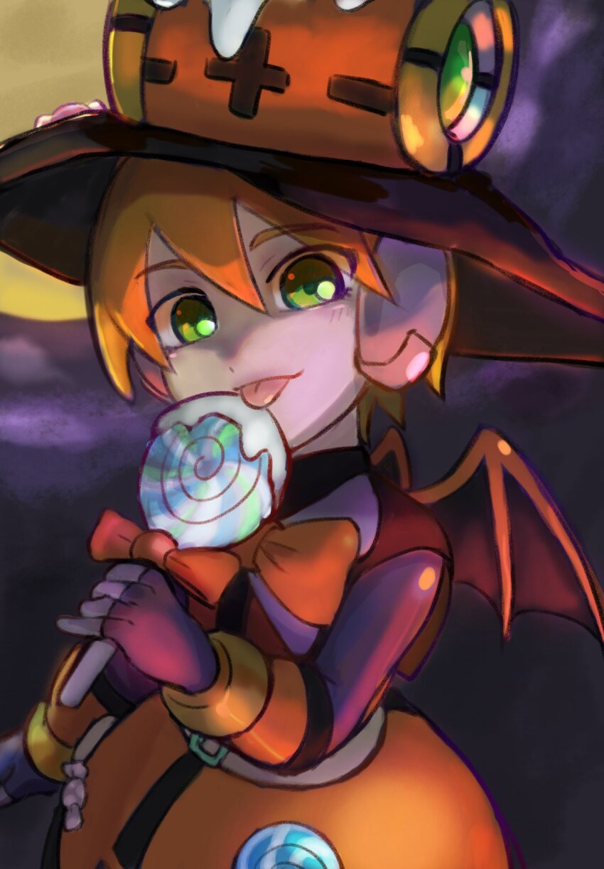 1girl aile_(mega_man_zx) brown_hair commentary_request cowboy_shot dress full_body green_eyes halloween hat highres holding licking mega_man_(series) mega_man_x_(series) mega_man_x_dive mega_man_zx night official_alternate_costume orange_dress orange_hat short_hair solo terotero00