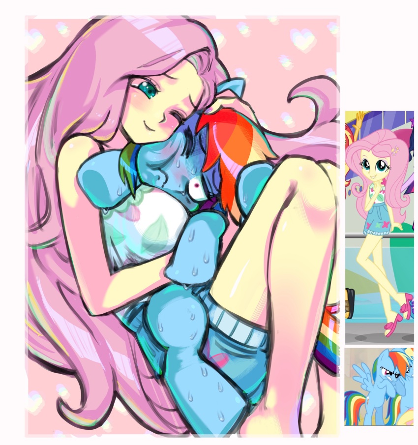 1girl ;) absurdres animal animal_hug bare_arms bare_shoulders blue_shorts border breasts ceitama_oppai closed_mouth colored_skin commentary_request feet_out_of_frame fluttershy fluttershy_(equestria_girls) frown green_eyes heart heart_background high-waist_shorts highres holding holding_animal knees_up leaf_print long_hair looking_at_animal looking_at_viewer medium_breasts multicolored_hair my_little_pony my_little_pony:_equestria_girls my_little_pony:_friendship_is_magic official_alternate_costume one_eye_closed pink_background pink_eyes pink_hair pony_(animal) rainbow_dash rainbow_hair raised_inner_eyebrows reference_inset shirt shirt_tucked_in short_shorts shorts simple_background sleeveless sleeveless_shirt smile sweat very_long_hair white_border white_shirt wide-eyed yellow_skin