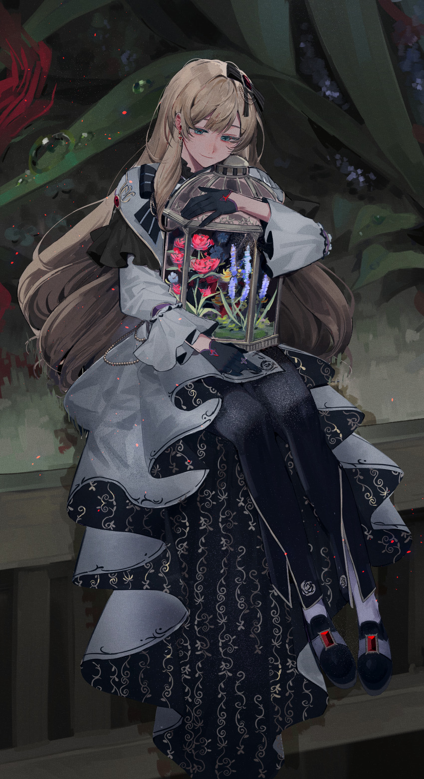 1girl absurdres alternate_costume anight black_bow black_gloves black_pants black_shirt black_shoes blonde_hair blue_eyes blunt_bangs bow coat dew_drop earrings ensemble_stars! floral_print flower frilled_shirt_collar frilled_sleeves frills full_body gem gloves gold_trim hair_bow half_gloves herbarium highres hugging_object humanization jewelry lavender_(flower) loafers long_coat long_hair long_sleeves looking_at_object mademoiselle_(ensemble_stars!) oversized_flower pants patterned_clothing red_flower red_gemstone red_rose rose rose_print shirt shoes sitting smile socks solo striped_bow two-sided_coat two-sided_fabric water_drop wavy_hair white_coat white_socks yellow_flower