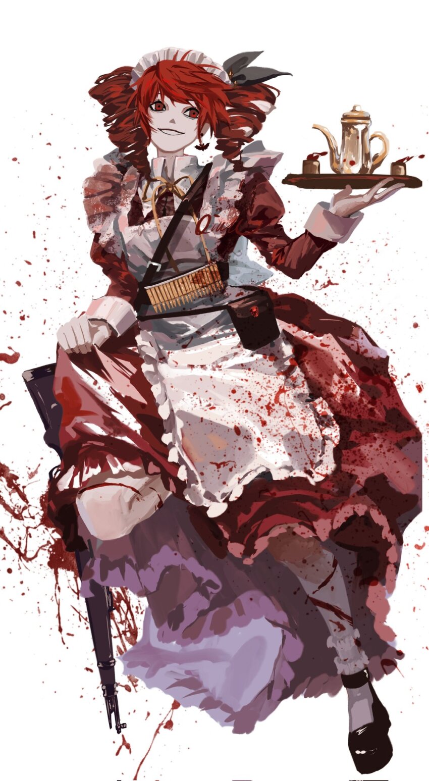 1girl alternate_costume apron black_bow black_hair blood bow collared_dress dress drill_hair flat_chest frilled_hairband frills full_body grin hair_bow hair_ribbon hairband highres kasane_teto kasane_teto_(sv) maid_headdress mary_janes plate qiu-k_(qiukkon) red_dress red_eyes red_hair ribbon shoes simple_background skirt_hold smile socks solo synthesizer_v tea_set teapot twin_drills utau white_apron white_background white_ribbon white_socks