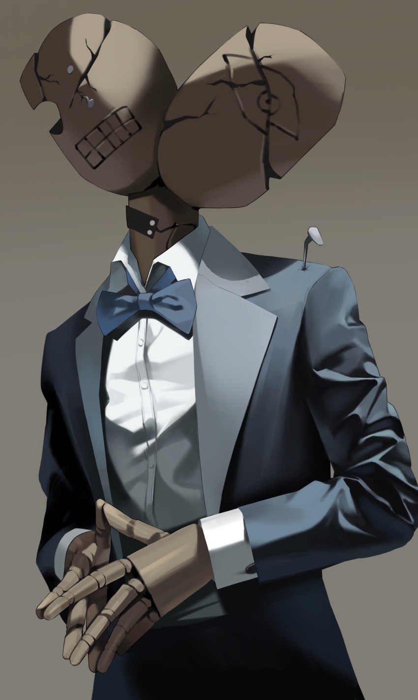 1boy absurdres blue_archive blue_bow blue_bowtie blue_jacket bow bowtie brown_background commentary crack dress_shirt formal_clothes fromgod_jungle highres jacket maestro_(blue_archive) male_focus mannequin multiple_heads nail_(hardware) own_hands_together shirt simple_background steepled_fingers suit suit_jacket tuxedo white_shirt