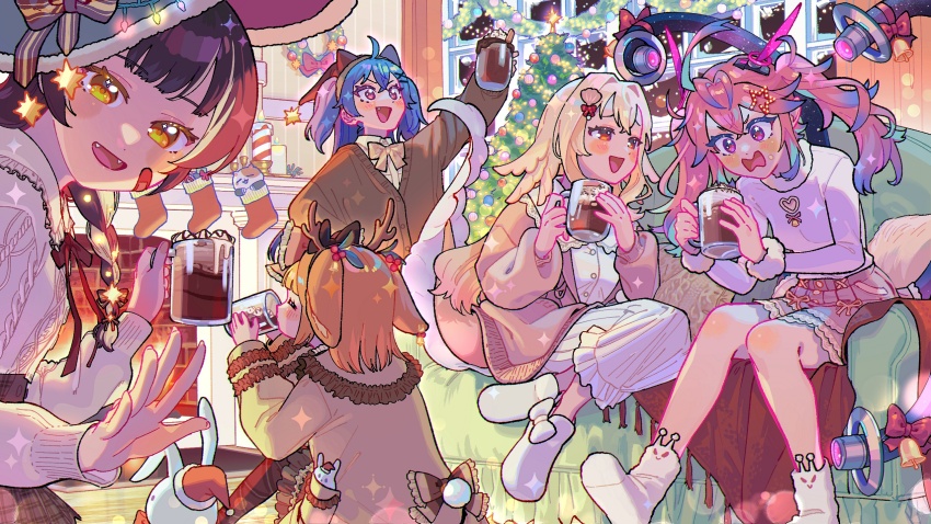 5girls :d ^_^ ahoge alternate_costume animal_ears aqua_hair bell black_hair blonde_hair blue_hair blush bow bowtie brown_cardigan brown_jacket cardigan chiaki_katsumi christmas christmas_lights christmas_ornaments christmas_stocking christmas_tree closed_eyes collared_shirt colored_inner_hair commentary couch drink english_commentary fireplace fur-trimmed_shirt fur_trim gradient_hair hair_between_eyes hair_intakes hair_ornament hairclip hat highres holding holding_drink jacket looking_at_another looking_at_viewer lottie_shinju miuna_usako multicolored_hair multiple_girls nebi_nebu open_mouth orange_eyes orange_hair pink_eyes pink_hair pixellink rabbit_ears raki_kazuki second-party_source shirt smile socks star_(symbol) star_in_eye sweater symbol_in_eye tongue twintails virtual_youtuber white_shirt white_socks white_sweater window x_hair_ornament yellow_bow yellow_bowtie yooki_(winter_cakes)