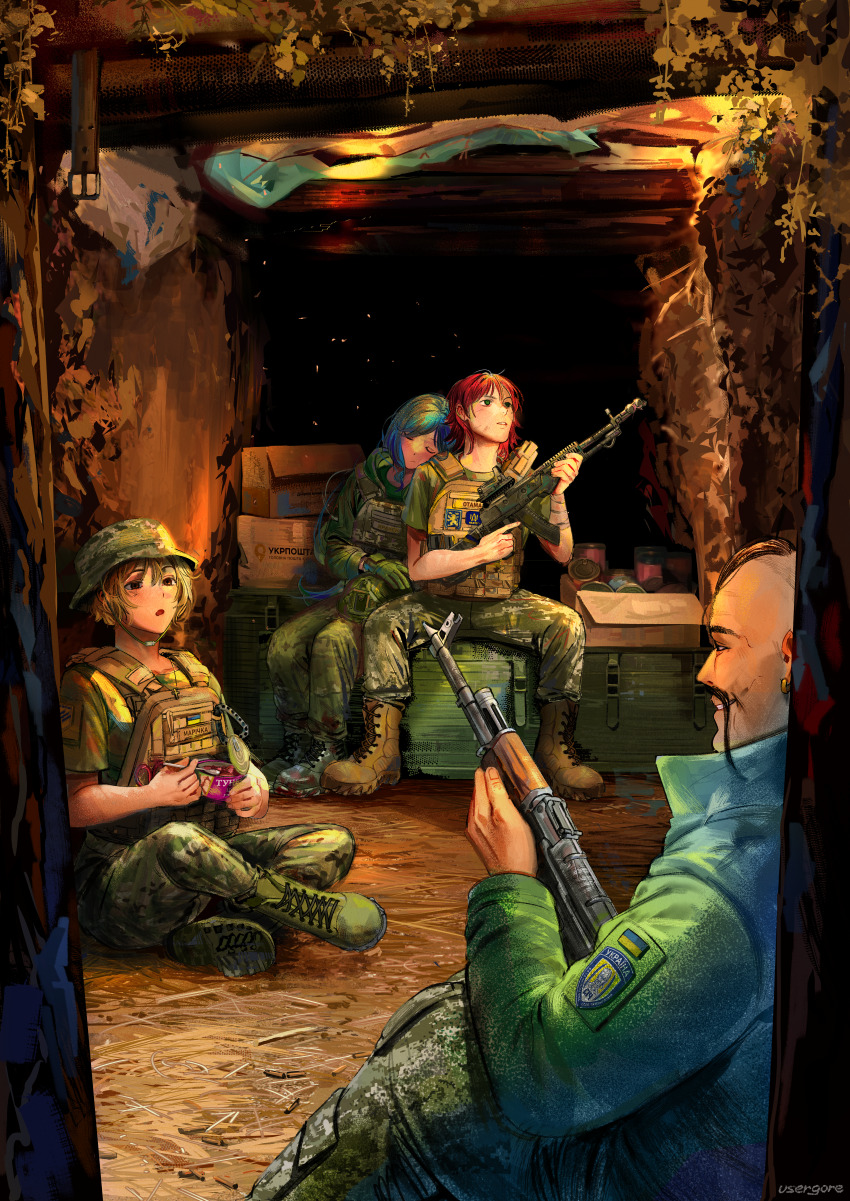 2024 2boys 2girls absurdres akm an-94 androgynous assault_rifle azov_battalion bulletproof_vest can canned_fish canned_food canned_tuna commission commissioner_upload cossack_(polish_anon) field_ration fish_(food) gun head_on_another&#039;s_shoulder highres holding holding_gun holding_weapon international_legion_of_ukraine kalashnikov_rifle kenneth_del_duca kraken_(japanon) kraken_regiment long_hair marichka military military_combat_uniform military_fatigues military_uniform multiple_boys multiple_girls non-web_source original oseledets red_hair rifle russo-ukrainian_war sich_battalion tin_(container) trap trench trigger_discipline tuna ukraine ukrainian_flag ukrainian_text usergore weapon