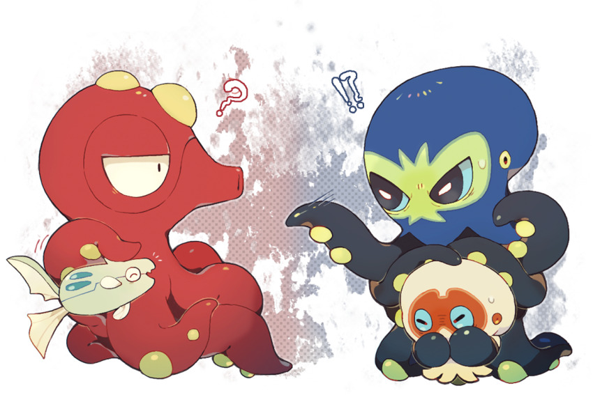 !? ? ^_^ akadako animal_focus bags_under_eyes black_eyes blue_sclera bright_pupils clobbopus closed_eyes colored_sclera eye_contact fang fish full_body gen_2_pokemon gen_8_pokemon grapploct half-closed_eyes hand_on_another&#039;s_head happy jitome looking_at_another motion_lines nintendo no_humans notice_lines octillery octopus open_mouth pointing pokemon pokemon_(creature) remoraid skin_fang smile tentacles white_pupils