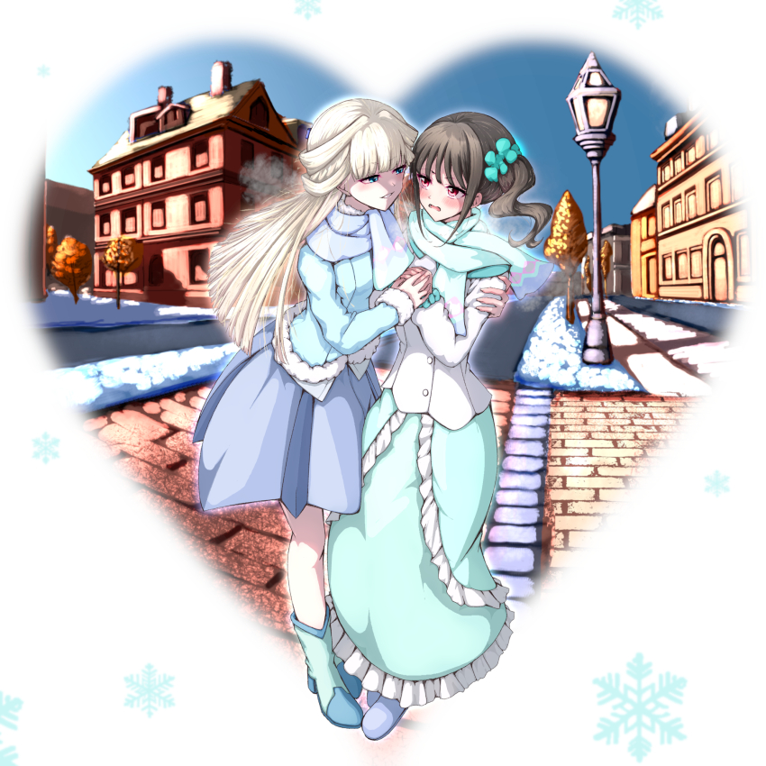 2girls aqua_scarf aqua_scrunchie aqua_skirt blonde_hair blue_eyes blue_footwear blue_jacket blue_ribbon blue_scarf blue_skirt blush boots brown_hair building fur-trimmed_jacket fur_trim hair_ribbon high_heel_boots high_heels highres hitofudegaki_usagi jacket long_hair long_sleeves medium_hair multiple_girls nekoyashiki_mayu nekoyashiki_yuki open_mouth precure red_eyes ribbon road scarf scrunchie shirt shoes side_ponytail skirt sky smile snow snowflake_background town tree white_jacket white_shirt wonderful_precure! yuri
