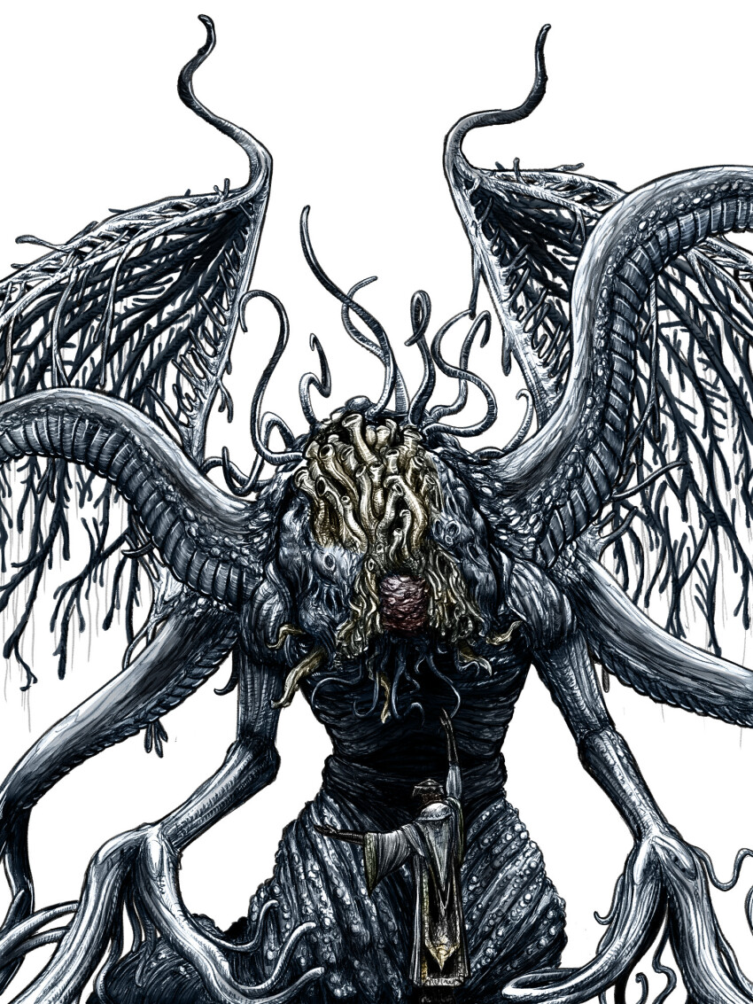 2others alien ambiguous_gender androgynous black_gloves bloodborne cloak ebrietas_daughter_of_the_cosmos eldritch_abomination extra_arms extra_eyes facing_another facing_away fantasy gloves goobber hat highres hunter_(bloodborne) make_contact_(gesture) monster multiple_others outstretched_arms robe simple_background size_difference skeletal_wings slug standing tentacles tricorne white_background white_robe wings