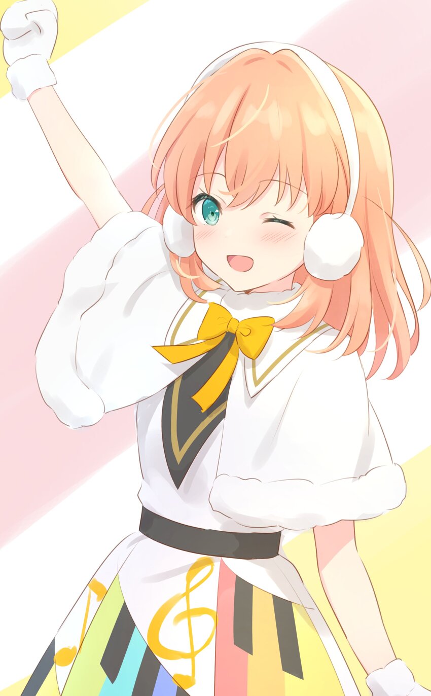 1girl ;d absurdres aqua_eyes bow bowtie capelet colorful_dreams!_colorful_smiles!_(love_live!) commentary cosplay crossed_bangs earmuffs fur-trimmed_capelet fur-trimmed_collar fur-trimmed_gloves fur_trim gloves hanazora_satsuki highres hinoshita_kaho link!_like!_love_live! looking_at_viewer love_live! love_live!_nijigasaki_high_school_idol_club medium_hair mittens musical_note musical_note_print one_eye_closed open_mouth orange_bow orange_bowtie orange_hair piano_print pink_background rainbow_print smile solo symbol-only_commentary three-toned_background upper_body white_background white_capelet white_mittens winter_clothes yellow_background