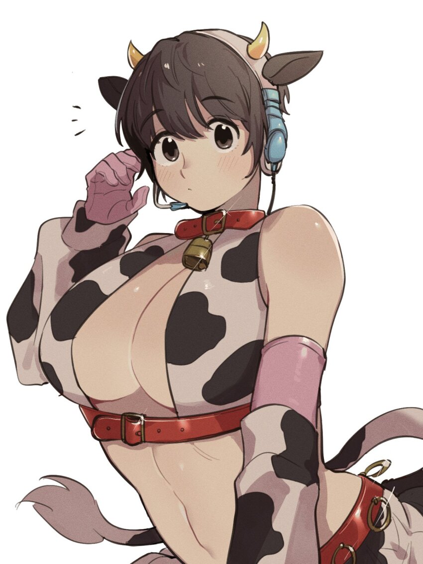 animal_ears animal_print artist_request bell blush breasts brown_eyes brown_hair cleavage cow_print cow_tail cowboy_shot elbow_gloves fake_animal_ears fake_horns gloves head headphones highres horns idolmaster idolmaster_cinderella_girls large_breasts looking_at_viewer midriff navel oikawa_shizuku short_hair simple_background tail