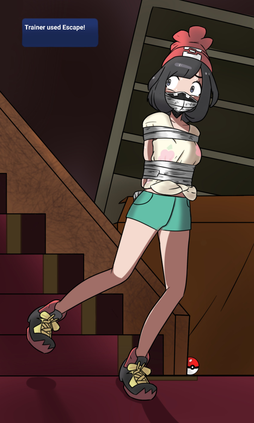 arms_behind_back autotaped bdsm belly bondage bound cloth_gag collarbone fleeing gag gagged highres improvised_gag kidnapped midriff original selene_(pokemon) tape tape_bondage tape_gag taped_arms taped_fingers taped_hands