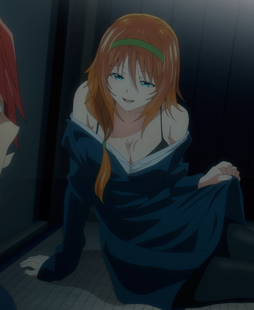 1boy 1girl absurdres akagami_akemitsu anime_screenshot baldwin_kagura black_bra black_pantyhose blue_dress blue_eyes bra breasts cleavage collarbone dress green_hairband hair_between_eyes hairband highres large_breasts looking_at_another open_mouth orange_hair pantyhose pntyhose red_hair stitched temple_(series) third-party_edit unbuttoned underwear