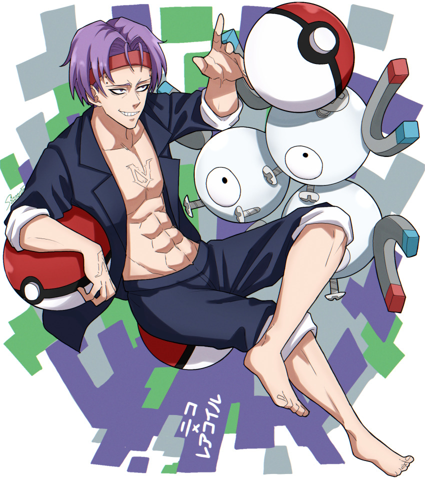 1boy abs bags_under_eyes barefoot black_jacket black_shorts chest_tattoo crossed_legs gen_1_pokemon grin headband highres jacket magneton male_focus nico_vorgeil nintendo open_clothes open_jacket pectorals piercing poke_ball pokemon pokemon_(creature) purple_hair red_headband shishiruto short_hair shorts sitting smile solo tattoo undead_unluck