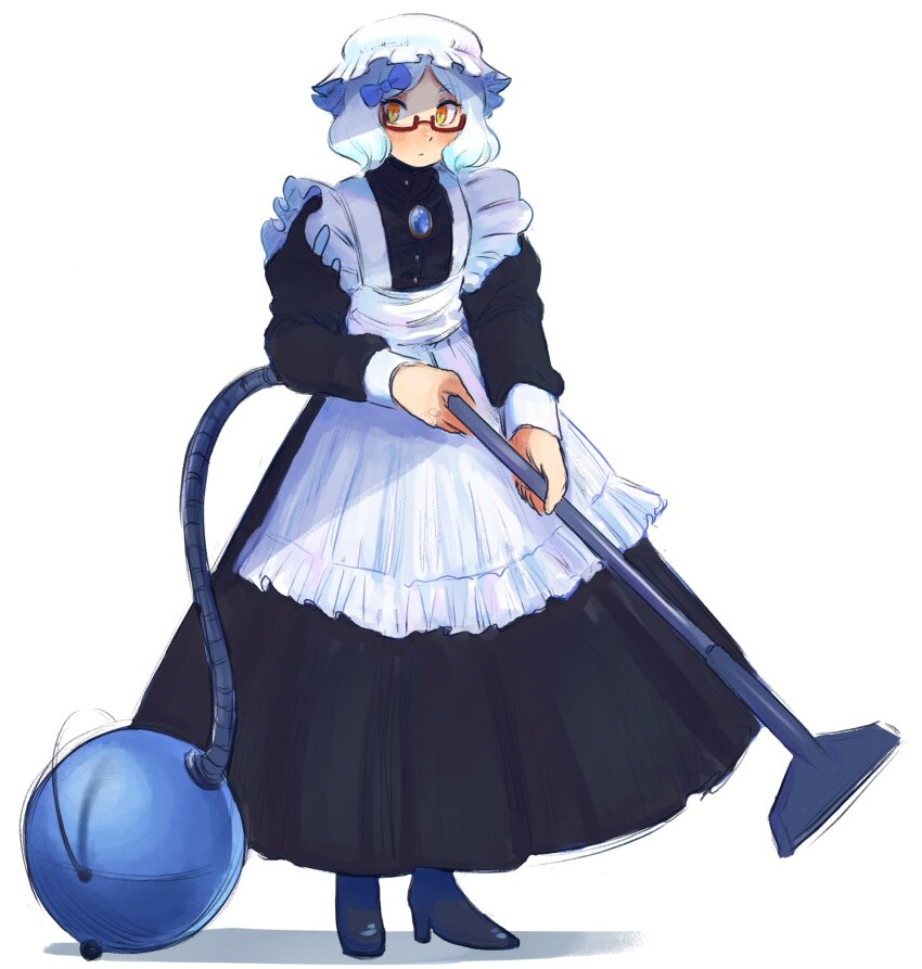1girl black_footwear blue_bow bow full_body glasses hair_bow hat high_heels highres holding_vacuum_cleaner long_sleeves maid mob_cap original pie_(aipiepo) rectangular_eyewear red-framed_eyewear semi-rimless_eyewear short_hair simple_background solo under-rim_eyewear vacuum_cleaner wavy_hair white_background white_hair white_hat