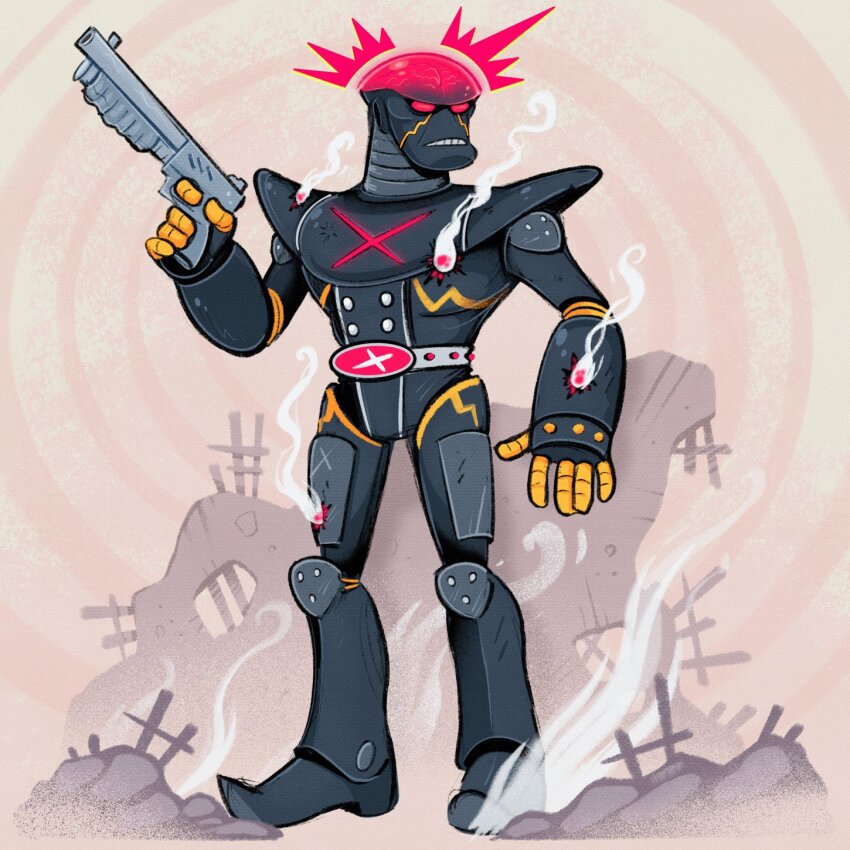 battle_damage belt boots brain cartoonized commentary cyborg dome english_commentary exposed_brain glowing glowing_eyes gun hakaider highres holding holding_gun holding_weapon jinzou_ningen_kikaider kikaider_(series) mostlyghostly red_eyes robot rubble toon_(style) weapon