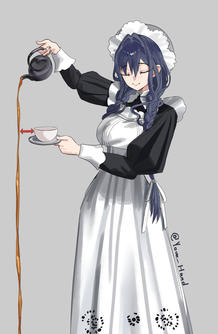 1girl absurdres apron arrow_(symbol) black_dress blue_hair braid closed_eyes closed_mouth commentary cup dress english_commentary grey_background hair_intakes hair_ribbon hat highres holding holding_saucer holding_teapot hololive hololive_english long_hair low_twin_braids maid_apron mob_cap official_alternate_costume official_alternate_hairstyle ouro_kronii ouro_kronii_(maid) ribbon saucer simple_background smile solo spilling standing tea teacup teapot twin_braids twitter_username virtual_youtuber white_apron white_ribbon younhand