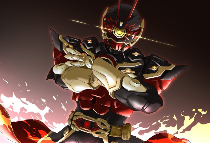 1boy antennae armor black_background black_bodysuit bodysuit fire glowing gold_gloves gold_horns gold_trim highres horns kamen_rider kamen_rider_geats_(series) kamen_rider_regad_omega male_focus miyabi_(037) muscular open_hands organic pauldrons red_armor red_eyes red_footwear shoulder_armor vest waistcoat zillion_driver