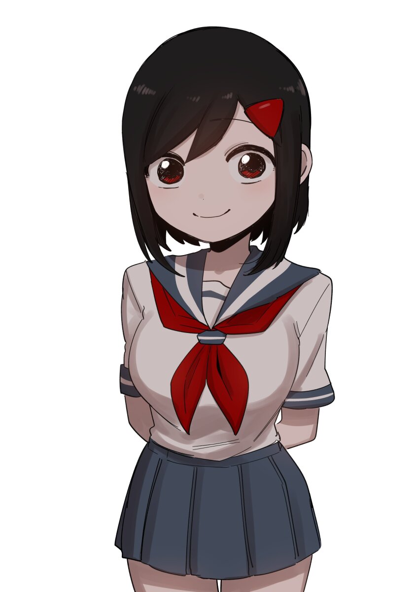 1girl absurdres arms_behind_back black_hair blue_sailor_collar blue_skirt breasts closed_mouth commentary_request cowboy_shot hair_ornament highres katou-chan_(shiromanta) large_breasts looking_at_viewer neckerchief original pleated_skirt red_eyes red_neckerchief sailor_collar school_uniform serafuku shiromanta shirt shirt_tucked_in short_hair short_sleeves simple_background skirt smile solo standing swept_bangs triangle_hair_ornament white_background white_shirt