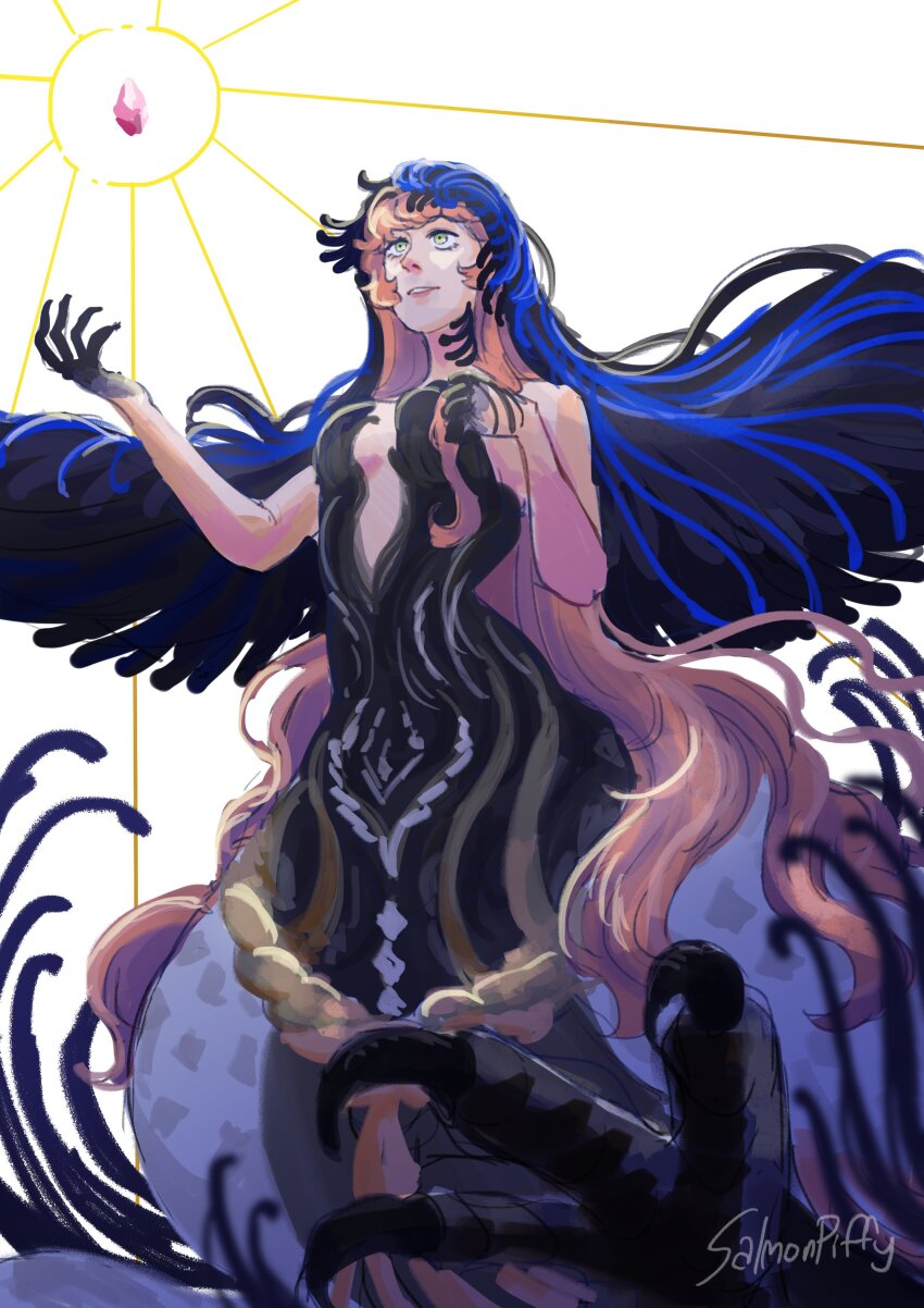 1girl absurdres artist_name bare_arms bare_shoulders black_dress black_skin black_veil blue_eyes blue_veil breasts chimera colored_skin dress gem gradient_skin hands_up highres long_hair looking_at_object looking_up medium_breasts nautika_(reverse:1999) parted_lips pink_gemstone pink_hair plunging_neckline reverse:1999 salmonpiffy solo strapless strapless_dress talons two-tone_veil upper_body veil very_long_hair white_background
