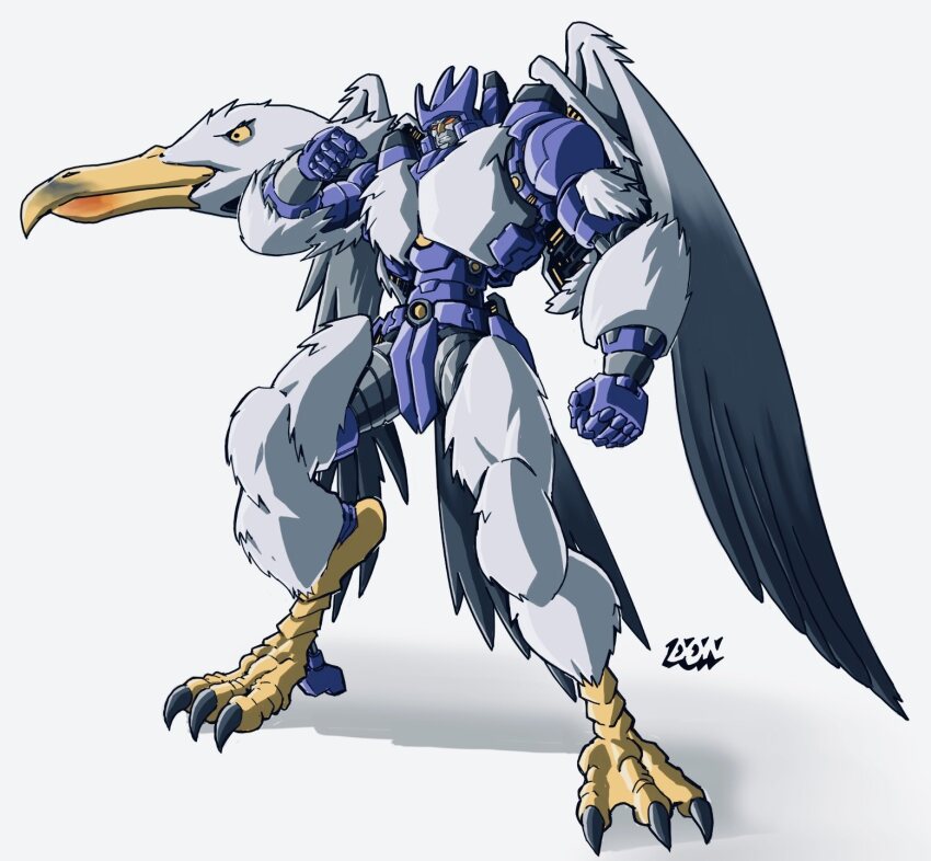 beast_wars clenched_hand clenched_teeth commentary decepticon don_allan_figueroa english_commentary galvatron grey_background highres mecha mecha_focus orange_eyes pun redesign robot science_fiction solo teeth transformers