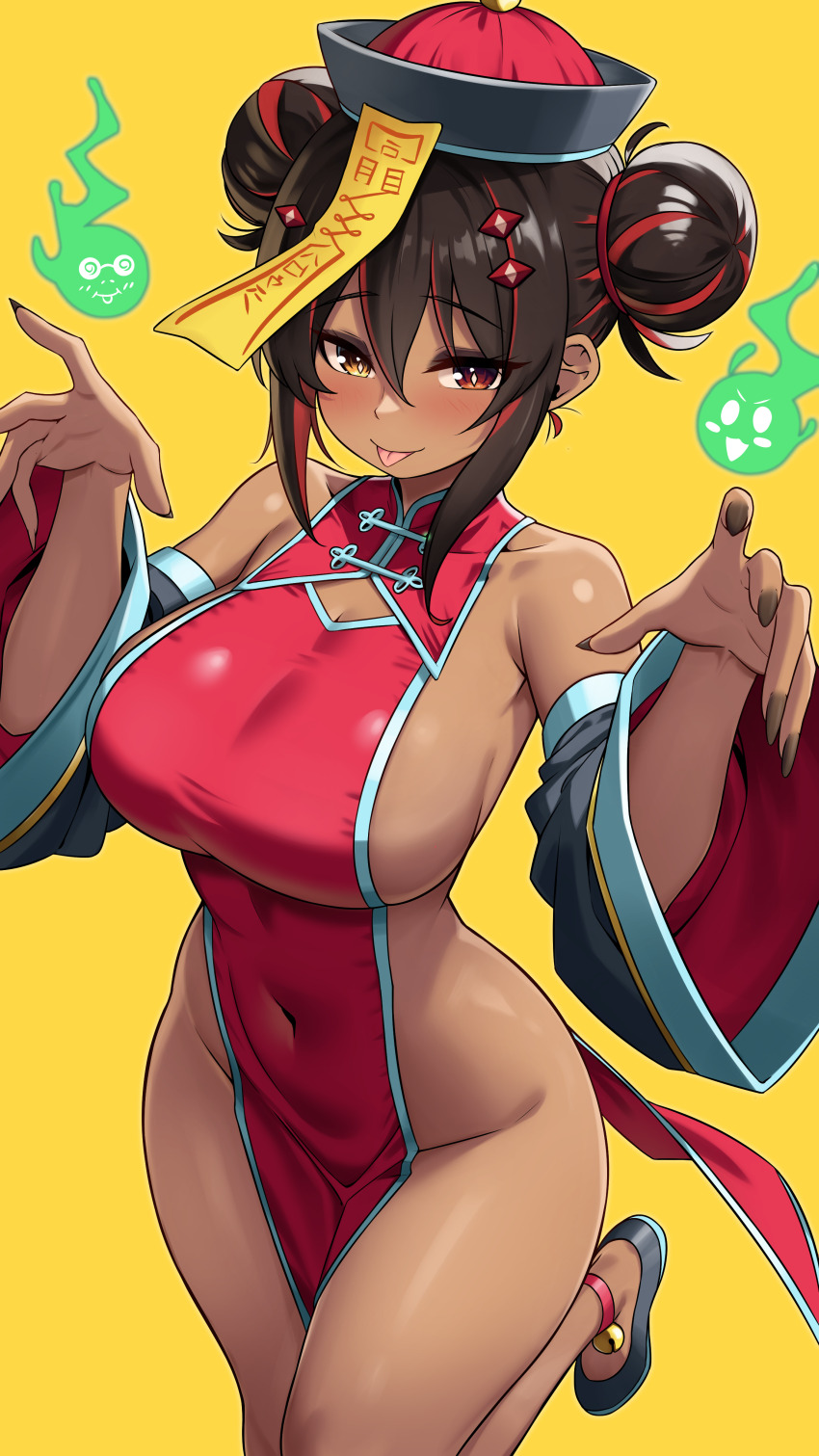 1girl absurdres black_hair black_nails blush breasts china_dress chinese_clothes commentary covered_navel dark-skinned_female dark_skin detached_sleeves dress fingernails groin hair_between_eyes hair_bun hat heterochromia highres jiangshi_costume large_breasts long_fingernails looking_at_viewer multicolored_hair nail_polish no_panties ofuda ofuda_on_head original outstretched_arms pelvic_curtain qingdai_guanmao red_dress red_eyes red_hair scrapy simple_background solo spirit standing standing_on_one_leg streaked_hair tongue tongue_out tsumugi_kelissa_(scrapy) wide_sleeves yellow_background yellow_eyes zombie_pose