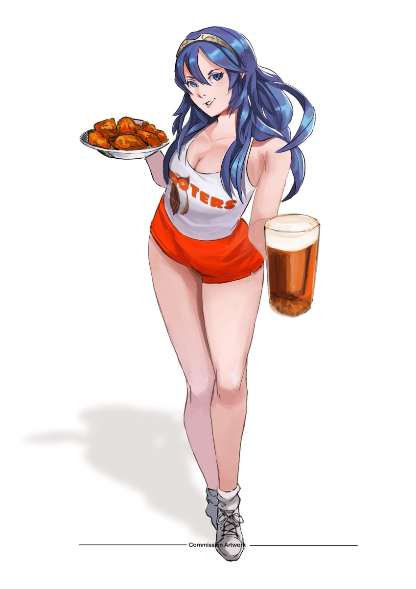 1girl alcohol alternate_costume beer beer_mug brand_name_imitation brand_of_the_exalt chicken_wing cup employee_uniform fire_emblem fire_emblem_awakening fire_emblem_heroes highres hooters lucina_(fire_emblem) mug nintendo no_legwear orange_shorts print_tank_top rod_langhi short_shorts shorts smile solo waitress