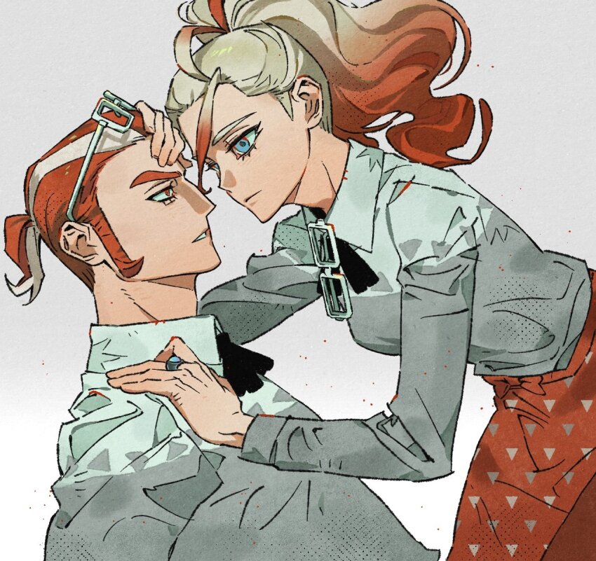 1boy 1girl apron black_bow black_bowtie blue_eyes bow bowtie cowlick eye_contact eyewear_hang eyewear_on_head glasses gradient_hair griselle_(pokemon) grisham_(pokemon) hair_pulled_back hetero highres jewelry looking_at_another lower_eyelashes_only luye_unknows multicolored_hair nintendo orange_apron parted_lips pokemon pokemon_legends:_z-a ponytail red_eyes ring shirt short_ponytail sideburns two-tone_hair unworn_eyewear upper_body waist_apron wavy_hair white-framed_eyewear white_shirt