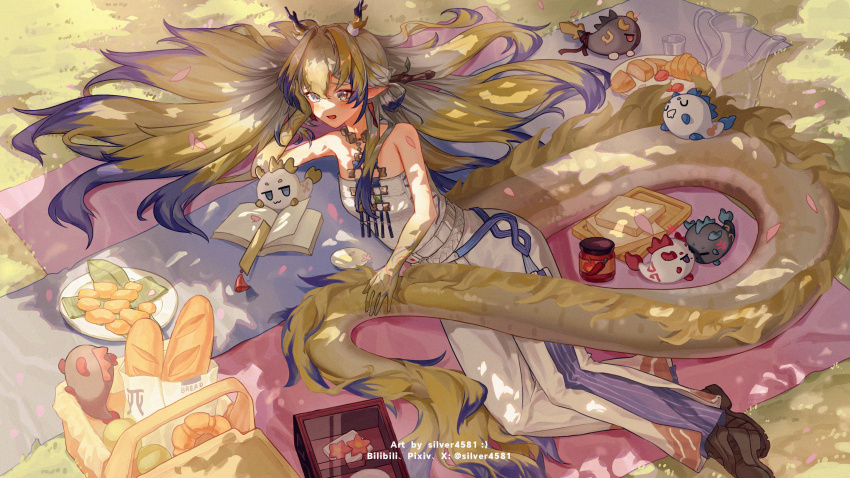 1girl absurdres anger_vein annotated arknights artist_name baguette bare_arms bare_shoulders basket belt blonde_hair blue_eyes blue_hair book bread chinese_commentary chongyue_(arknights) colored_extremities commentary_request croissant dappled_sunlight day dragon_bubble_(arknights) dragon_girl dragon_horns dragon_tail dusk_(arknights) earrings food full_body grass hair_between_eyes hair_intakes hair_spread_out hand_on_own_head head_rest highres horns jewelry ling_(arknights) long_hair lying mixed-language_commentary multicolored_hair necklace nian_(arknights) no_jacket on_ground on_side open_book open_mouth outdoors pants picnic picnic_basket picnic_blanket plant plate pointy_ears sauce shu_(arknights) silver4581 solo strapless sunlight tail tube_top twitter_username watermark white_belt white_hair white_pants white_tube_top yu_(arknights)