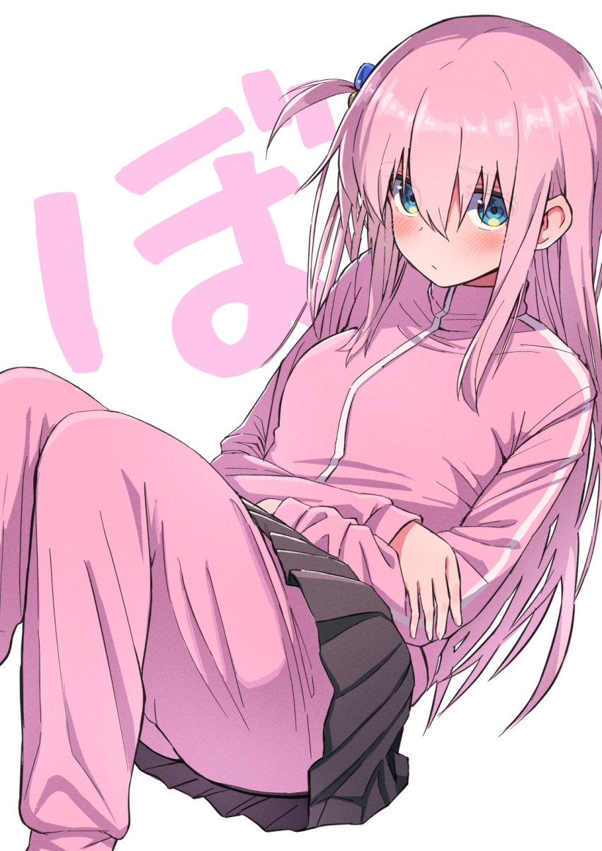 1girl black_skirt blue_eyes bocchi_the_rock! closed_mouth cube_hair_ornament feet_out_of_frame gotoh_hitori hair_between_eyes hair_ornament highres jacket long_hair long_sleeves looking_at_viewer one_side_up pants pink_hair pink_jacket pink_pants pleated_skirt simple_background skirt solo toraneko track_jacket white_background