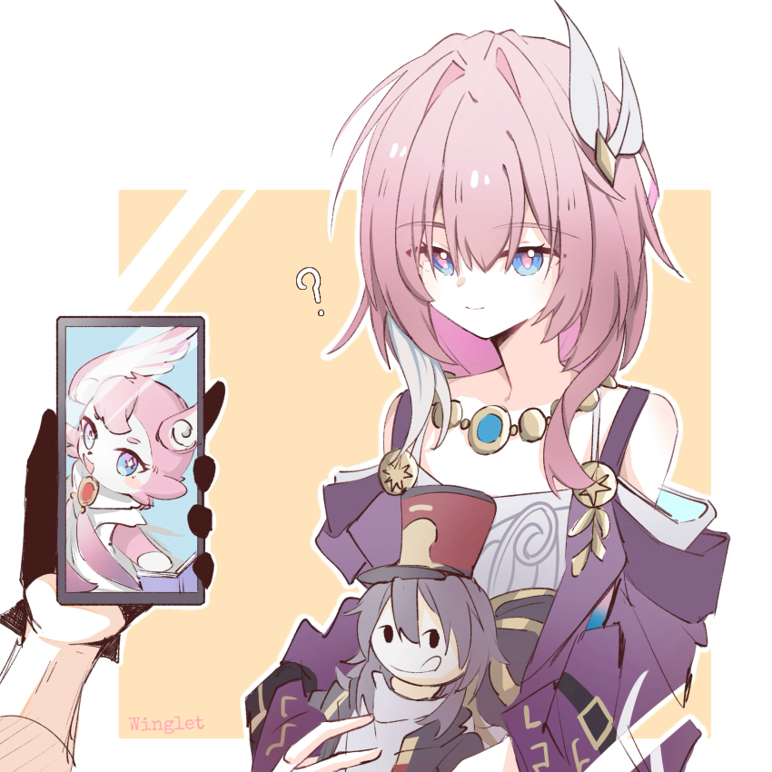 2girls ? artist_name bare_shoulders black_gloves blue_eyes character_doll chinese_commentary coat commentary_request cyrene_(honkai:_star_rail) doll dress gloves hair_ornament highres holding holding_doll holding_phone honkai:_star_rail honkai_(series) jewelry medium_hair mem_(honkai:_star_rail) multicolored_hair multiple_girls necklace nitianxiaoyi orange_background phone pink_hair purple_coat stelle_(honkai:_star_rail) trailblazer_(honkai:_star_rail) two-tone_background two-tone_hair white_background white_dress white_hair