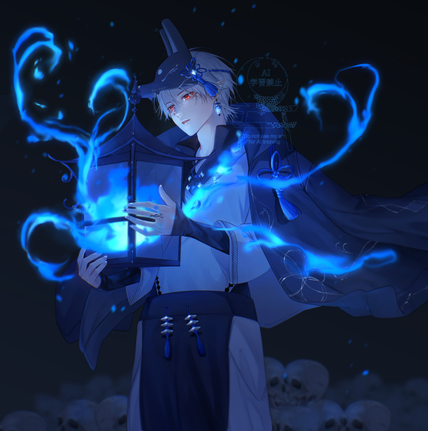 1boy absurdres blue_fire blue_theme commentary fire fox_mask glowing glowing_eyes grey_hair hair_between_eyes highres holding holding_lantern jacket jacket_on_shoulders japanese_clothes lantern long_sleeves male_focus mask night original paper_lantern parted_lips pile_of_skulls pointy_ears red_eyes short_hair skeleton solo sparks standing tassel tsuki_mitsu