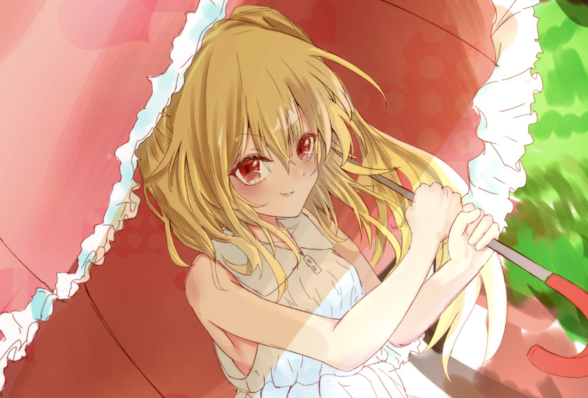 1girl alternate_costume bare_shoulders blonde_hair closed_mouth day dress fang fang_out flandre_scarlet frilled_umbrella frills hair_between_eyes holding holding_umbrella light_smile long_hair looking_at_viewer no_headwear no_wings one_side_up outdoors red_eyes sleeveless sleeveless_dress solo sundress touhou umbrella upper_body v-shaped_eyebrows white_dress yagi_(yagi5art)