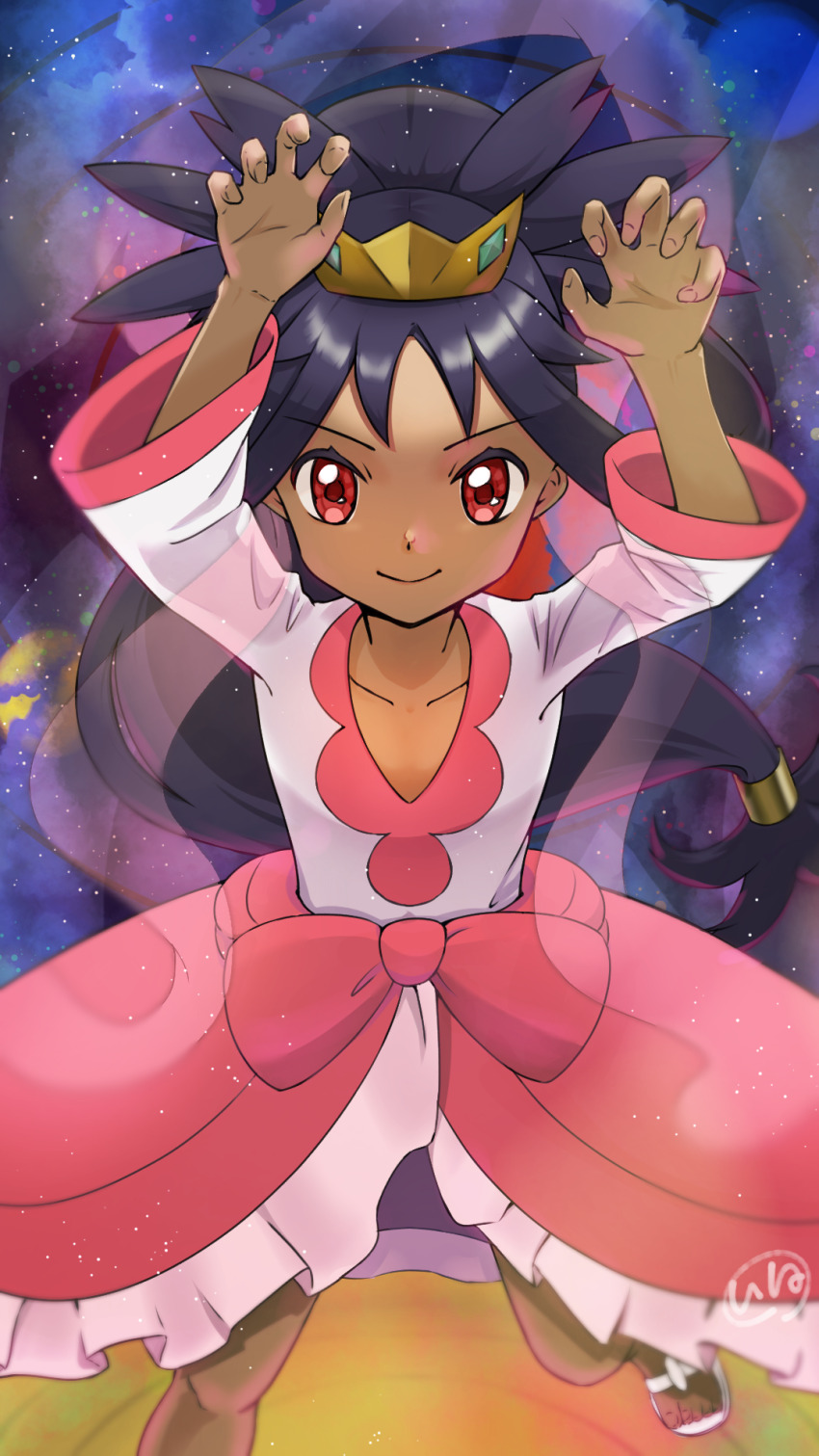 1girl arms_up artist_request child clenched_hands collarbone dark-skinned_female dark_skin dress eyelashes facing_viewer feet feet_up female_focus fingernails flat_chest happy highres iris_(pokemon) knees legs long_hair long_sleeves looking_at_viewer low-tied_long_hair neck nintendo official_alternate_costume official_alternate_hairstyle open_clothes open_skirt parted_bangs pink_dress pokemon pokemon_bw2 purple_hair red_eyes sandals sidelocks signature skirt smile standing standing_on_one_leg star_(sky) starry_sky_background stretching thighs tiara toenails toes v-neck v-shaped_eyebrows very_long_hair white_sandals wide_sleeves