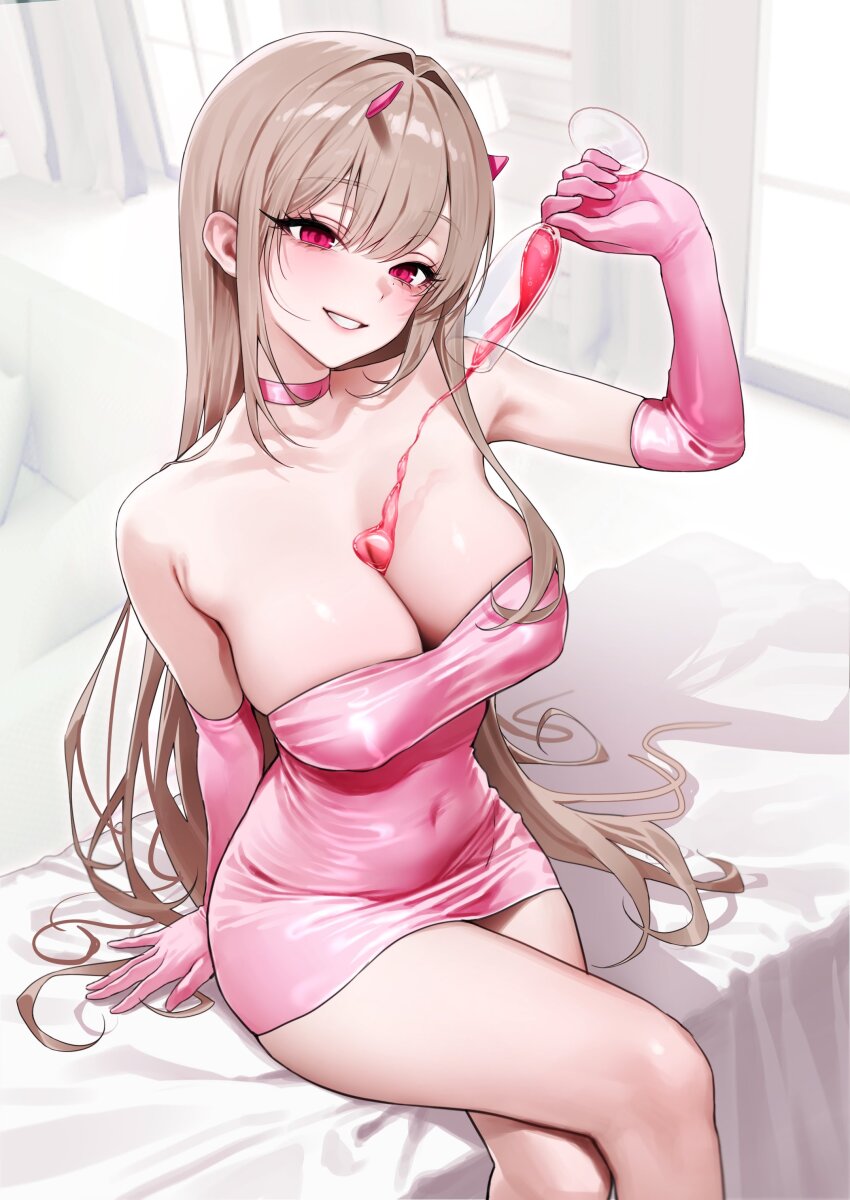 1girl absurdres arm_up armpit_crease bare_shoulders breasts brown_hair bust_cup chano39 choker cleavage covered_erect_nipples covered_navel crossed_legs cup dress drinking_glass elbow_gloves gloves goddess_of_victory:_nikke grin highres holding holding_cup horns large_breasts long_hair looking_at_viewer pink_choker pink_dress pink_gloves pouring pouring_onto_self red_eyes short_dress sitting smile solo strapless strapless_dress thighs very_long_hair viper_(nikke)