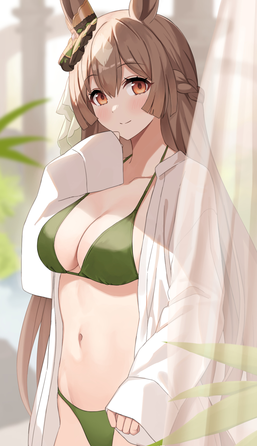 1girl animal_ears bikini blurry blurry_background blush braid breasts brown_eyes brown_hair cleavage closed_mouth collarbone commentary_request cowboy_shot curtains ear_ornament fuyutuji green_bikini half_up_braid half_updo hand_up highres horse_ears horse_girl indoors large_breasts long_hair long_sleeves looking_at_viewer multicolored_hair navel open_clothes open_shirt satono_diamond_(umamusume) shirt sleeves_past_wrists smile solo standing streaked_hair swimsuit umamusume white_curtains white_hair white_shirt