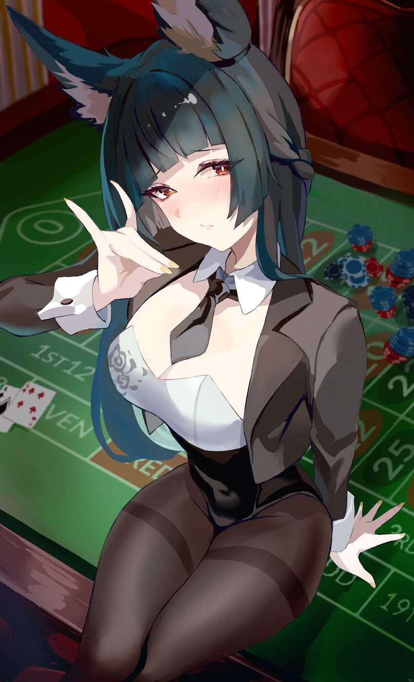 1girl absurdres alternate_costume animal_ears arm_support black_hair black_jacket black_necktie black_pantyhose braid breasts chair cleavage closed_mouth commentary_request covered_navel craps_table cropped_jacket detached_collar feet_out_of_frame fox_shadow_puppet half_up_braid highleg highleg_leotard highres hoshimi_miyabi jacket large_breasts leotard long_hair long_sleeves necktie on_table pantyhose playboy_bunny poker_chip red_eyes short_necktie sitting sitting_on_table solo table thighband_pantyhose thighs very_long_hair yato_(yama0x1) zenless_zone_zero