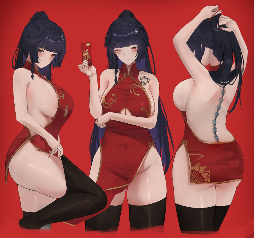 1girl absurdres arm_under_breasts arms_behind_head ass back backboob bare_shoulders black_hair black_thighhighs blunt_bangs breasts china_dress chinese_clothes cleavage clothing_cutout covered_navel dress elvandec highres hongbao large_breasts long_hair looking_at_viewer mole mole_under_eye multiple_views ponytail red_background sideboob simple_background tatakau_ni_atai_suru tattoo thighhighs underboob_cutout yamaguchi_ryoko