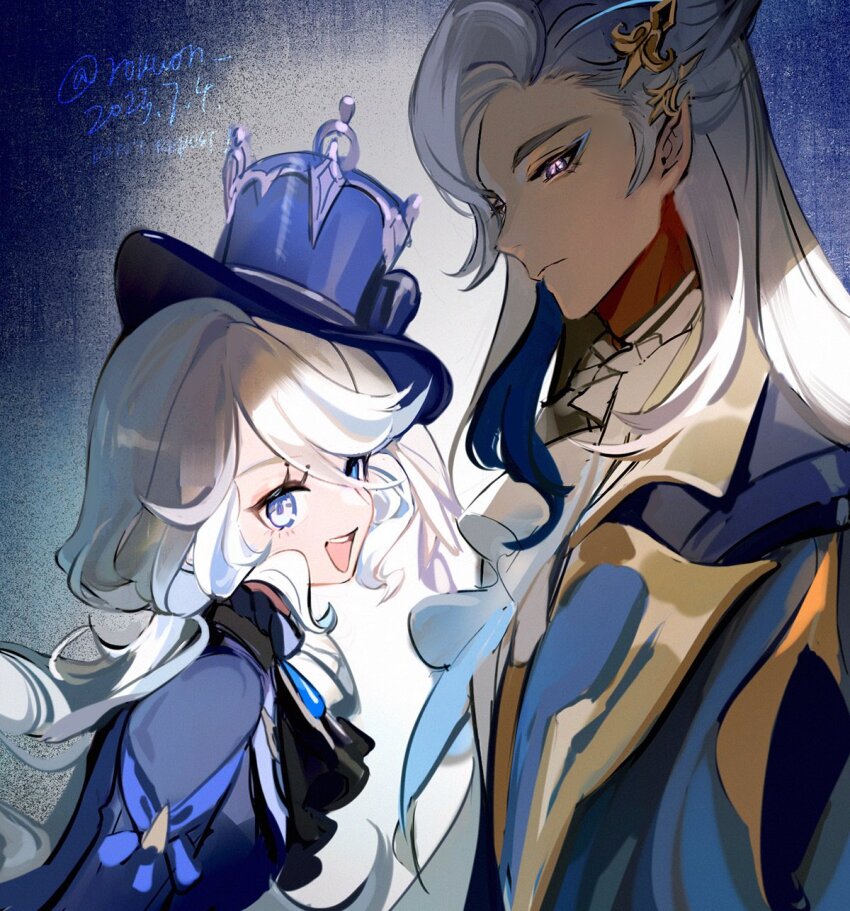 1boy 1girl 2023 blue_background blue_eyes blue_hair blue_headwear colored_inner_hair dated facing_another facing_to_the_side furina_(genshin_impact) genshin_impact grey_hair hat highres long_hair looking_at_viewer mini_hat mini_top_hat multicolored_background multicolored_hair neuvillette_(genshin_impact) pink_eyes pointy_ears rokuon top_hat twitter_username wavy_hair white_background white_hair