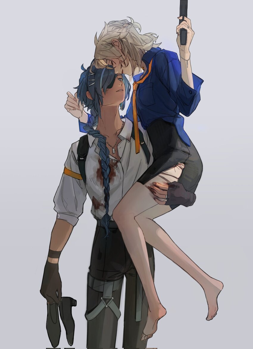 1boy 1girl aji_11300913 albedo_(genshin_impact) alternate_costume alternate_hairstyle black_gloves black_pants black_skirt blonde_hair blood blood_on_clothes blue_eyes blue_hair blue_shirt braid collared_shirt dark-skinned_male dark_skin eyepatch genderswap genderswap_(mtf) genshin_impact gloves gun handgun hetero highres holding holding_gun holding_weapon kaeya_(genshin_impact) long_sleeves looking_at_another necktie orange_necktie pants parted_lips pencil_skirt shirt short_sleeves skirt teeth weapon white_shirt
