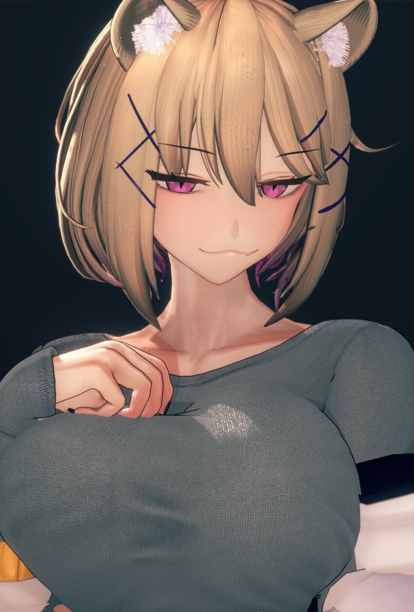 1girl 3d :3 animal_ear_fluff animal_ears arknights blonde_hair breasts cat_ears collarbone fang grey_shirt highres jacket kknamaco large_breasts looking_at_viewer medium_hair multicolored_hair purple_eyes purple_hair shirt smug utage_(arknights) white_jacket