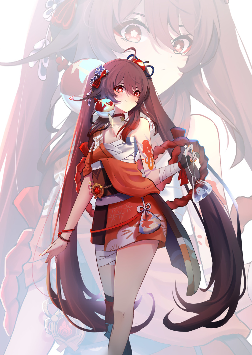 1girl absurdres ahoge alternate_costume bandaged_arm bandaged_leg bandages bead_bracelet beads black_socks bracelet brown_hair chest_sarashi choker closed_mouth collarbone cosplay cowboy_shot fingerless_gloves fingernails flat_chest flower flower-shaped_pupils genshin_impact ghost glint gloves hadanugi_dousa hair_between_eyes hair_flower hair_ornament highres holding hu_tao_(genshin_impact) japanese_clothes jewelry kimono kinchaku kneehighs leg_armor light_blush long_hair looking_at_viewer nail_polish obi open_clothes open_kimono orange_kimono orange_nails pouch qixia red_choker red_eyes rope sarashi sash shimenawa single_fingerless_glove single_kneehigh single_sock smile socks solo symbol-shaped_pupils twintails very_long_hair vision_(genshin_impact) wristband yoimiya_(genshin_impact) yoimiya_(genshin_impact)_(cosplay)