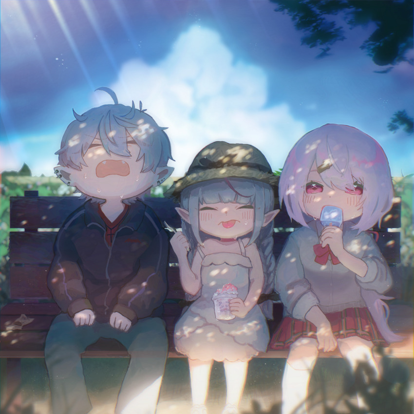 1boy 2girls ahoge bare_arms bare_shoulders black_jacket blue_sky braid brain_freeze brown_cardigan brown_hat cardigan closed_eyes cloud cloudy_sky collared_shirt cup day disposable_cup dress ear_piercing earrings eyes_visible_through_hair facing_viewer feet_out_of_frame food grey_pants hat highres holding holding_cup holding_food holding_spoon jacket jewelry kiduta_cielo kneehighs kuzuha_(nijisanji) long_hair looking_at_viewer low_twintails makaino_ririmu makaino_ririmu_(3rd_costume) multiple_girls nijisanji on_bench outdoors pants piercing pointy_ears popsicle purple_eyes red_shirt red_skirt shaved_ice shiina_yuika shiina_yuika_(1st_costume) shirt sitting skirt sky sleeveless sleeveless_dress socks spoon strap_slip straw_hat track_jacket twin_braids twintails very_long_hair virtual_youtuber white_dress white_shirt white_socks