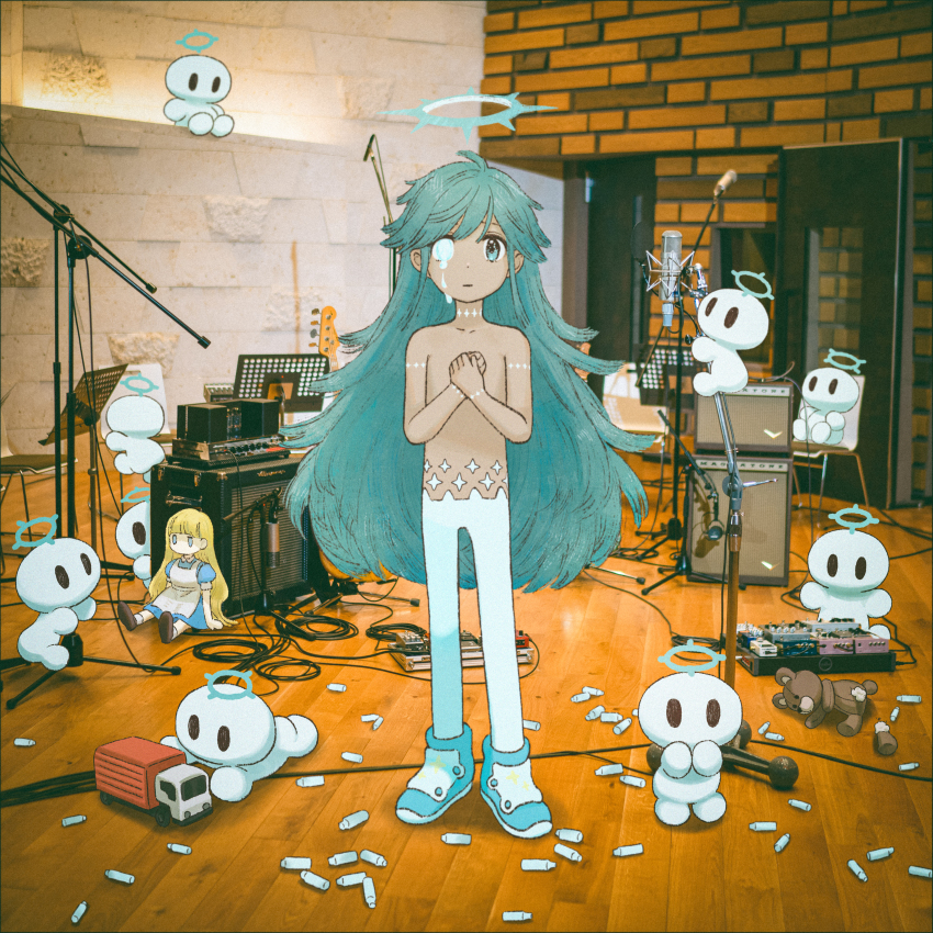 1other absurdres album_cover amplifier androgynous artist_request blue_eyes blue_footwear blue_hair chair clenched_hands closed_mouth cover creature dark_skin doll effects_pedal glowing glowing_eye guitar halo hands_on_own_chest highres indoors instrument k2_(mili) long_hair looking_at_viewer microphone mili_(band) official_art other_focus pants photo_background studio tears topless_other torino_(mili) toy_truck very_long_hair white_pants